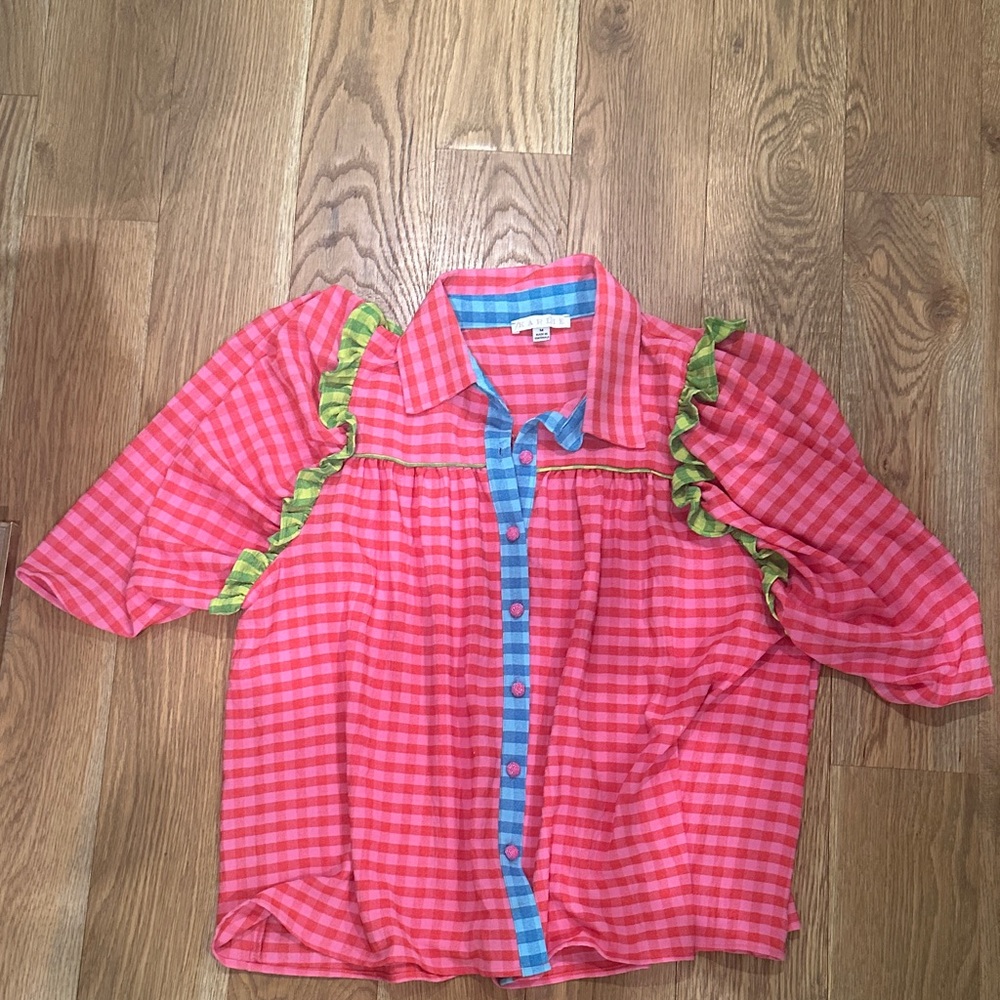 Karlie Pink Checkered Button-Down Top with Green Ruffle & Blue Placket